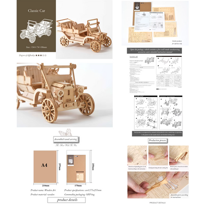 3-in-1 DIY 3D Wooden Puzzle Kit – Classic Car, Sailing Ship, Biplane & Steam Locomotive