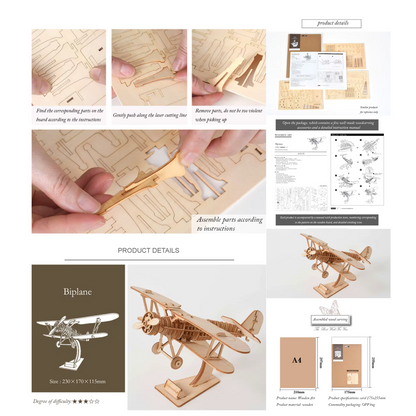 3-in-1 DIY 3D Wooden Puzzle Kit – Classic Car, Sailing Ship, Biplane & Steam Locomotive