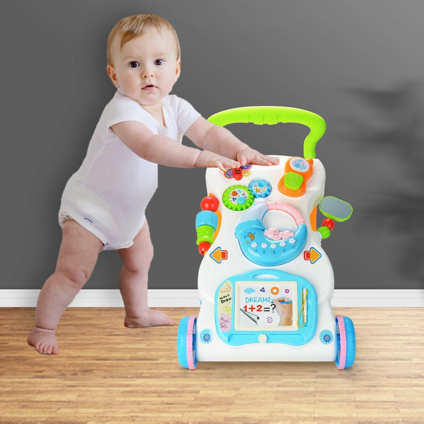 2-in-1 Baby Walker & Activity Center – Musical Push Car with Piano, Drawing Board, Rattles & More for Toddlers 9+ Months