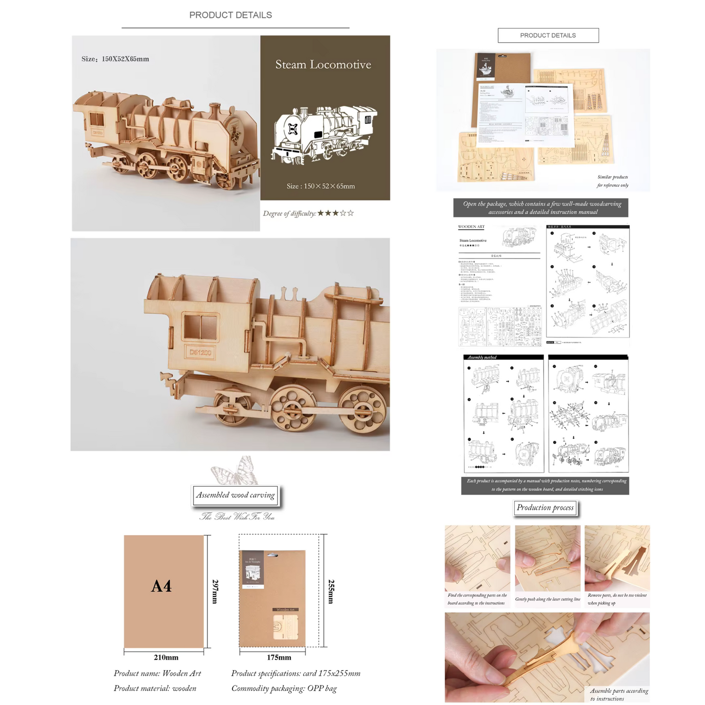 3-in-1 DIY 3D Wooden Puzzle Kit – Classic Car, Sailing Ship, Biplane & Steam Locomotive