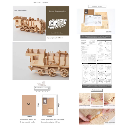 3-in-1 DIY 3D Wooden Puzzle Kit – Classic Car, Sailing Ship, Biplane & Steam Locomotive
