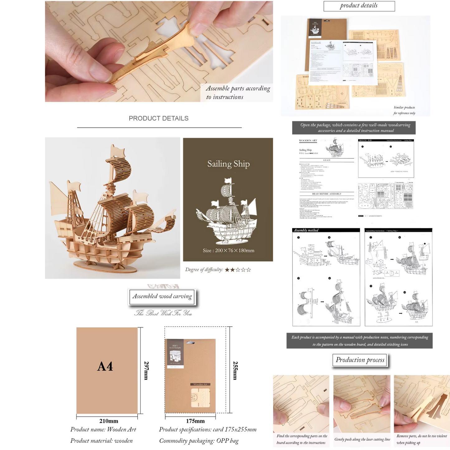 3-in-1 DIY 3D Wooden Puzzle Kit – Classic Car, Sailing Ship, Biplane & Steam Locomotive
