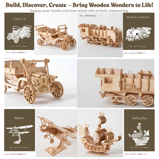 3-in-1 DIY 3D Wooden Puzzle Kit – Classic Car, Sailing Ship, Biplane & Steam Locomotive