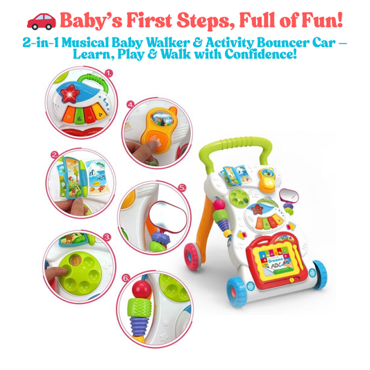 2-in-1 Baby Walker & Activity Center – Musical Push Car with Piano, Drawing Board, Rattles & More for Toddlers 9+ Months