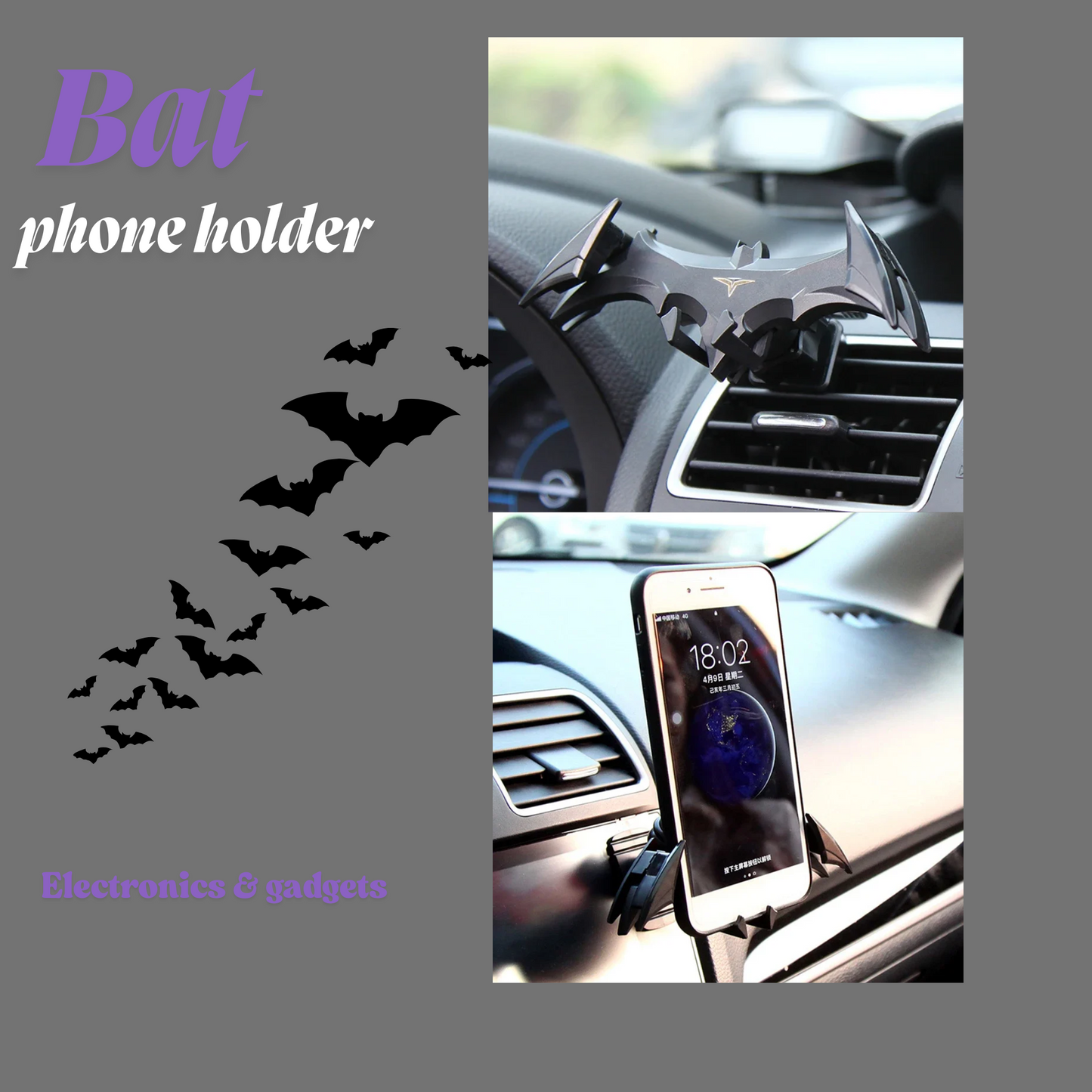 Bat-Shaped Gravity Car Phone Holder – Air Vent Mount with Auto-Lock, Universal Fit for 4"–6.5" Phones