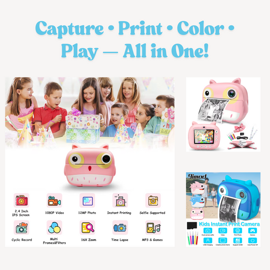 Kids Instant Print Camera – 1080P Dual Lens Video & Selfie Camera with 2.4" Screen, 16X Zoom, 32GB SD Card, Thermal Printer, & DIY Art Set