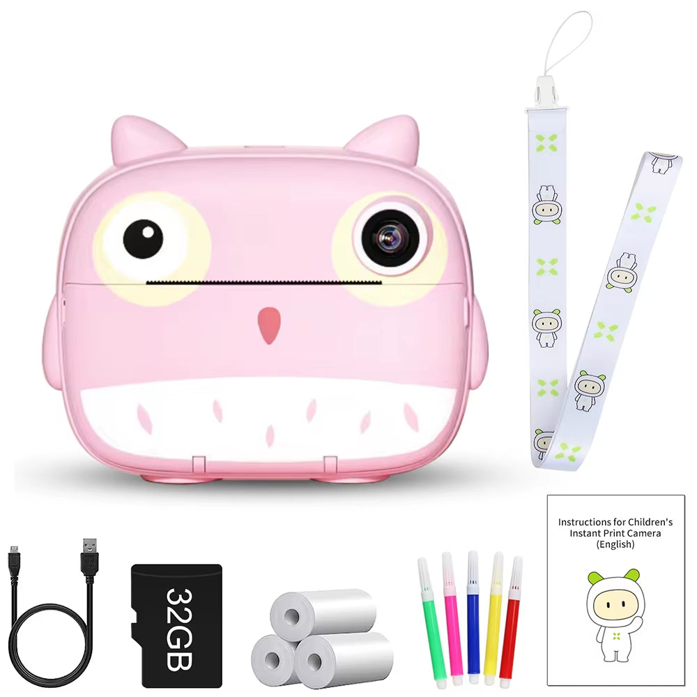 Kids Instant Print Camera – 1080P Dual Lens Video & Selfie Camera with 2.4" Screen, 16X Zoom, 32GB SD Card, Thermal Printer, & DIY Art Set