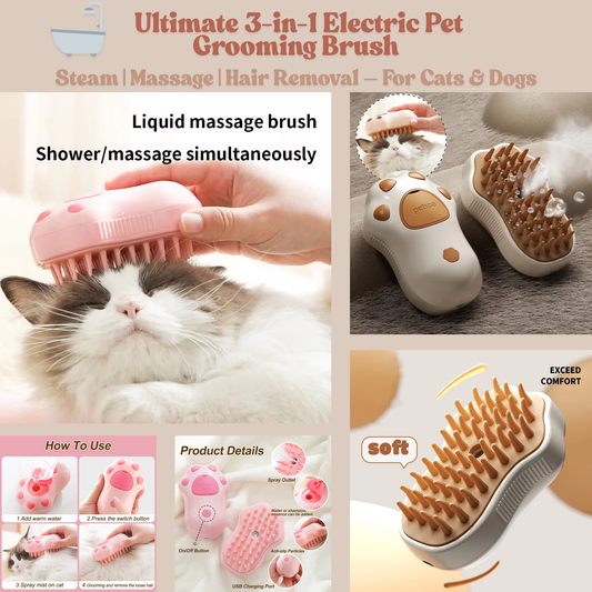 Electric Pet Grooming Brush with Spray – 3-in-1 Steam Comb for Cats & Dogs USB Rechargeable, Anti-Shedding, Soothing Massage & Hair Removal Tool