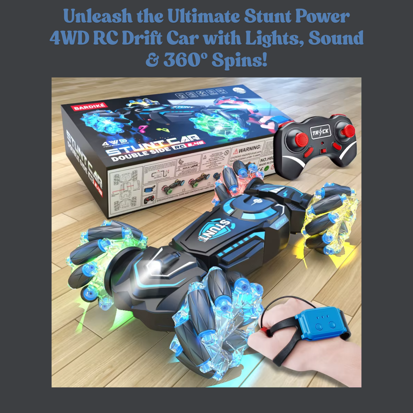 4WD RC Stunt Car – 2.4G Remote Control Drift Car for Kids with Lights, Music & Rotation | Dual Control Modes | Rechargeable Off-Road Toy for Boys & Girls