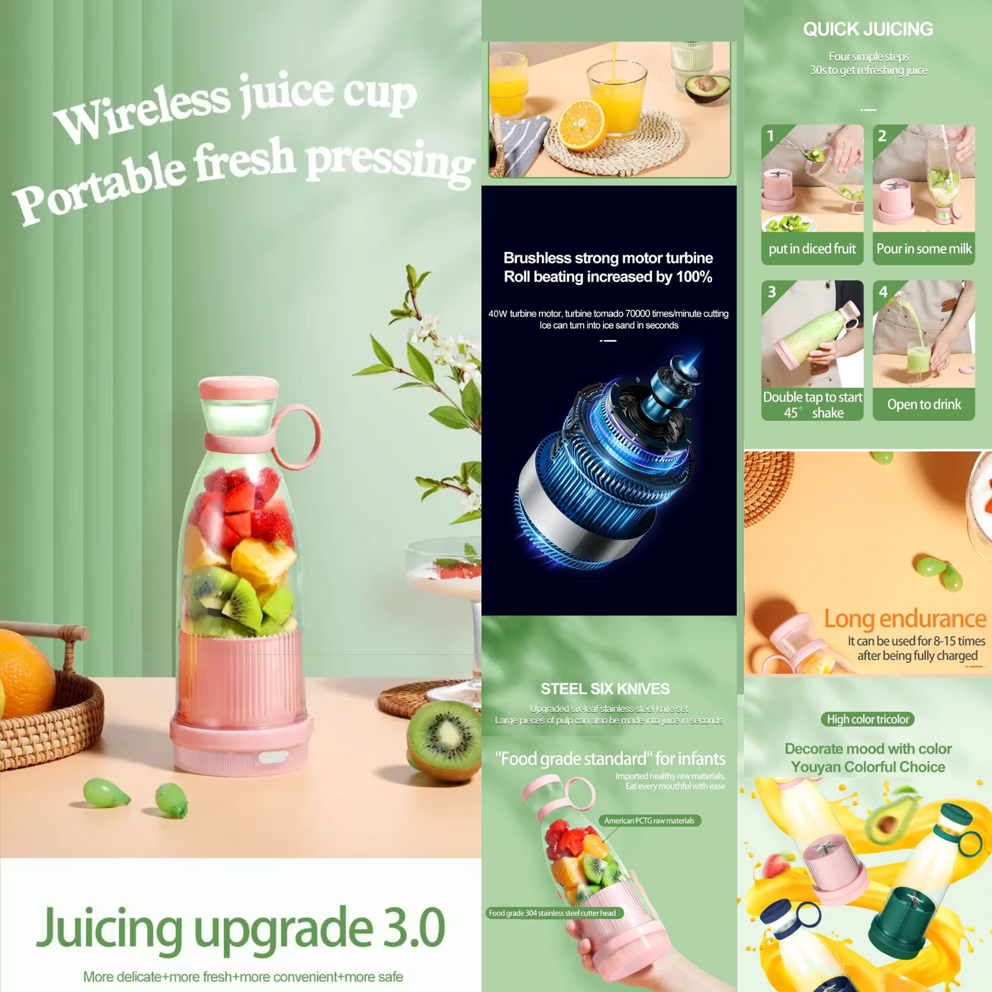 Portable Electric Juicer Cup – 6-Blade USB Blender for Smoothies, Shakes & Fresh Fruit Juices