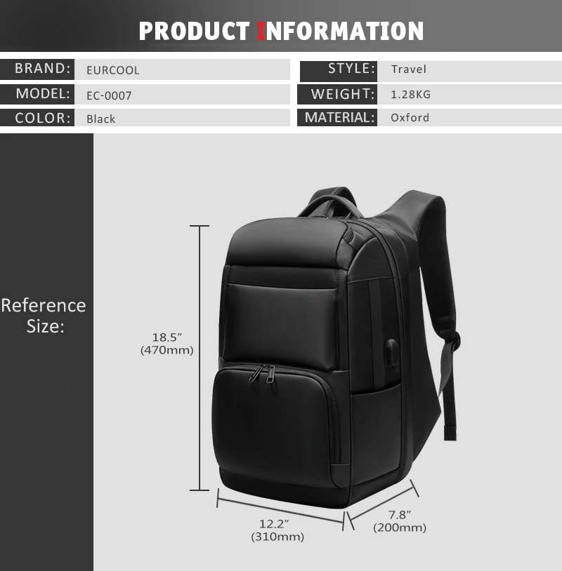 Eurcool EC-0007 Multifunctional Business Travel Backpack – Durable, Spacious & USB Charging, Fits 17.3" Laptops