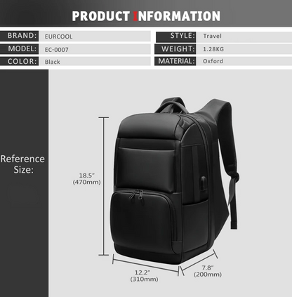Eurcool EC-0007 Multifunctional Business Travel Backpack – Durable, Spacious & USB Charging, Fits 17.3" Laptops
